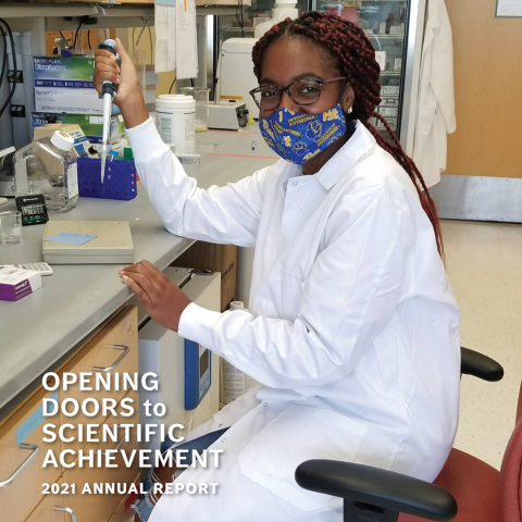 ARCS 2021 Annual Report Cover with ARCS Scholar in mask at a lab desk